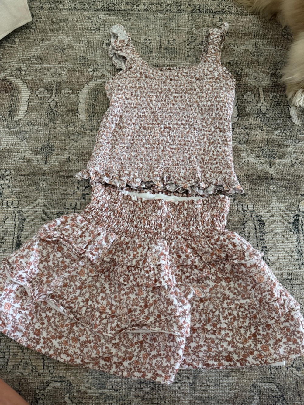Girls Floral Smocked Two-Piece Set - Dusty Rose and White (8)